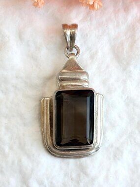 Smoky Quartz Large Minimalist Vintage Sterling Silver 925 Jumbo Pendant | Pin